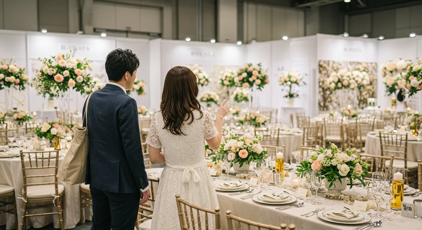会場見学する男女